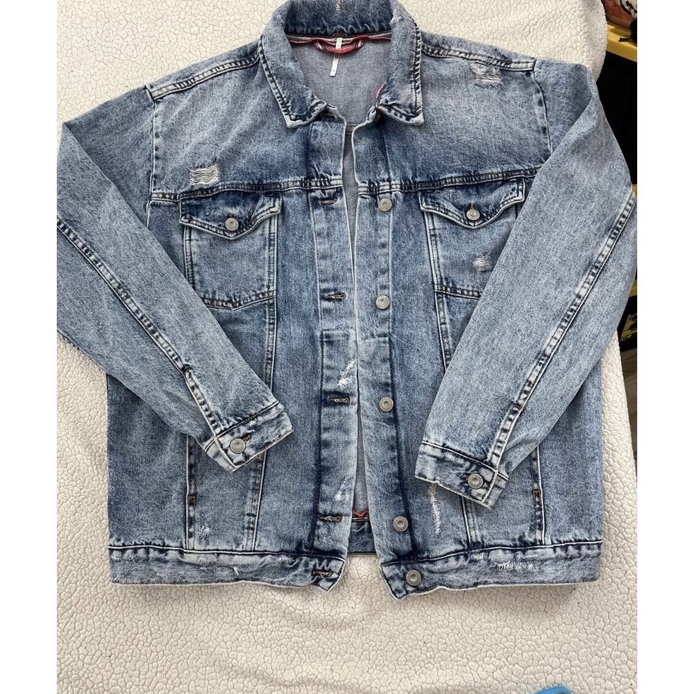 Free People Denim Jacket Trucker Grunge Distress Oversize 90s Womens Size M